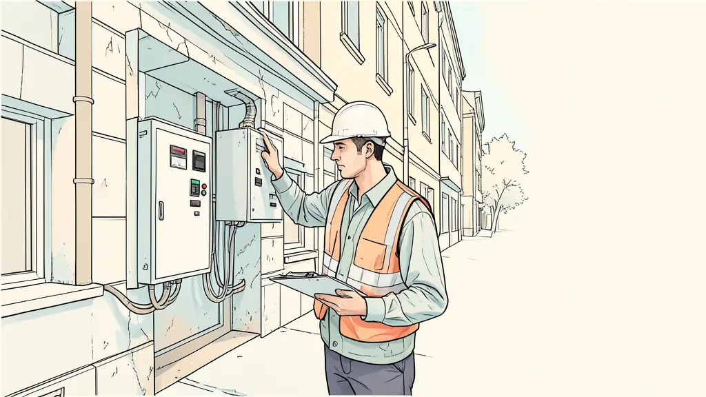 Un expert immobilier inspectant le tableau électrique et la façade d'un immeuble de rapport avec un presse-papiers