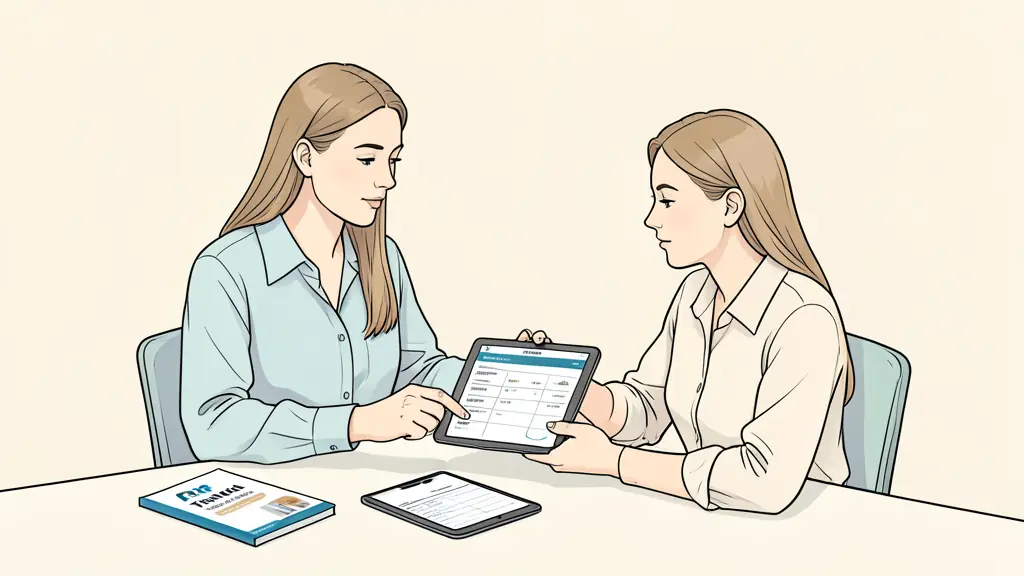 Conseiller d'orientation présentant un plan de financement sur tablette avec brochures France Travail et CPF