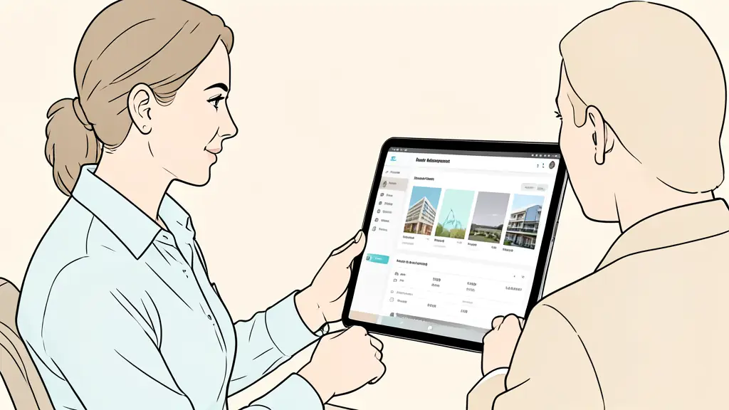Agent immobilier présentant un tableau de bord de gestion locative sur tablette à un client