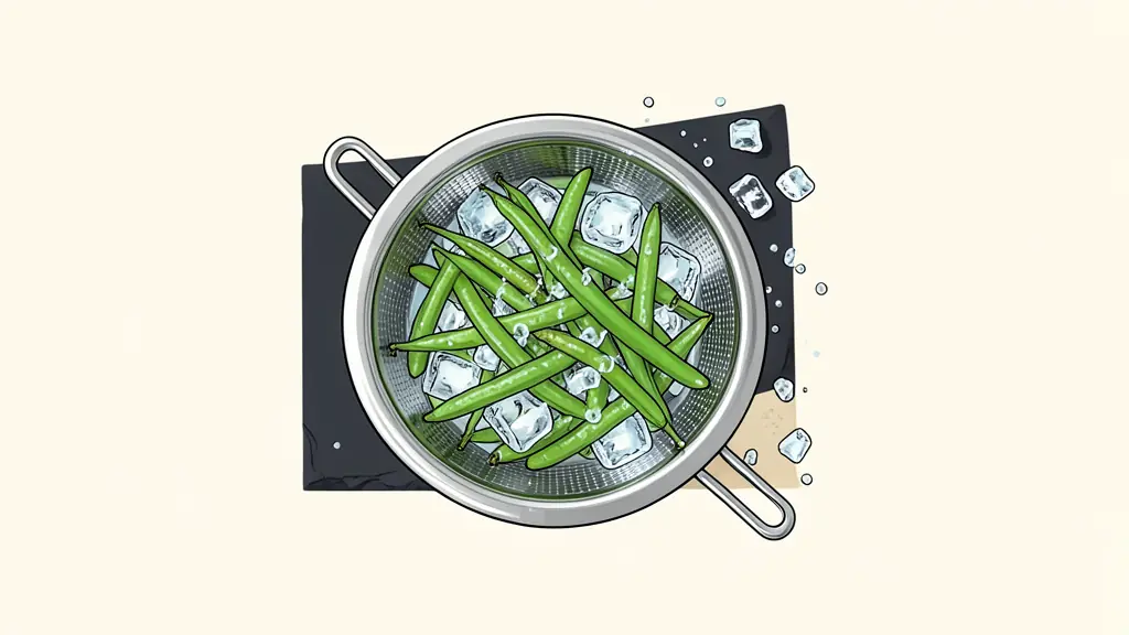 Haricots verts plongés dans l'eau glacée avec des cristaux de sucre sur un fond d'ardoise noire