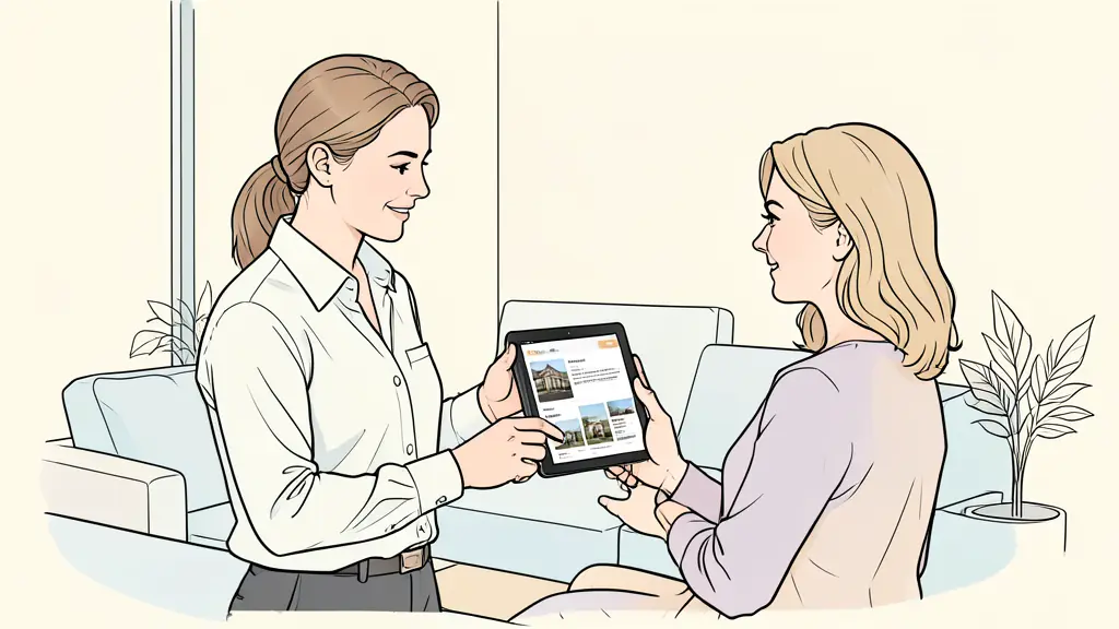 Agent immobilier présentant des annonces de biens sur une tablette numérique à un client dans un salon moderne