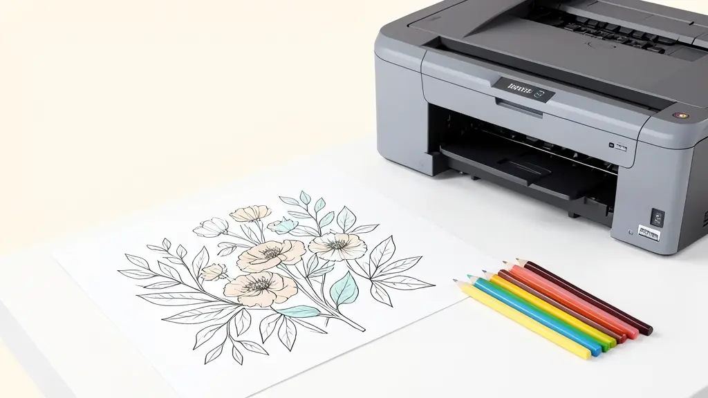 Dessin de fleur botanique imprimé sur un bureau blanc avec des crayons de couleur professionnels