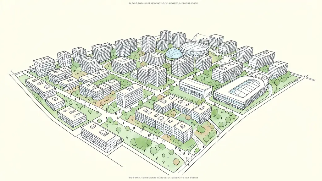 Vue aérienne d'un éco-quartier moderne avec bâtiments mixtes, allées piétonnes et espaces verts intégrés