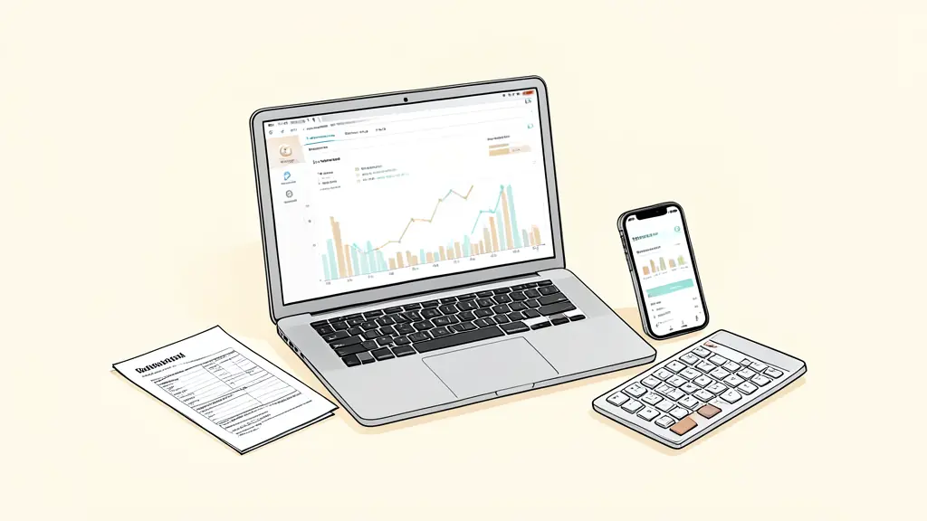 Ordinateur portable affichant un tableau de bord financier et smartphone avec application de synchronisation bancaire