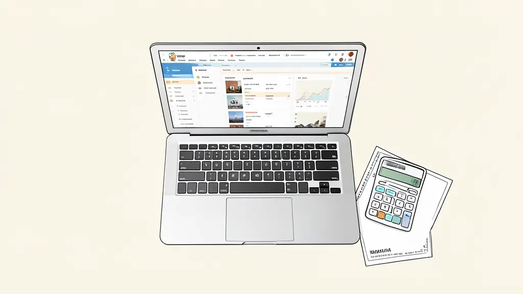 Bureau moderne avec un ordinateur affichant un tableau de bord immobilier, une calculatrice et un document fiscal belge