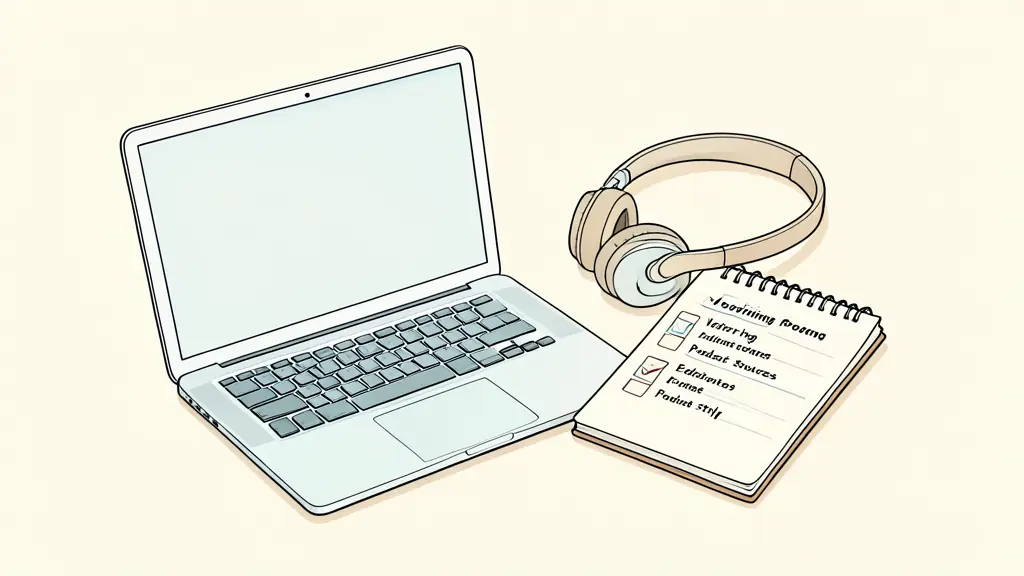 Espace de travail avec ordinateur, casque audio et carnet affichant une checklist de vérification de podcasts