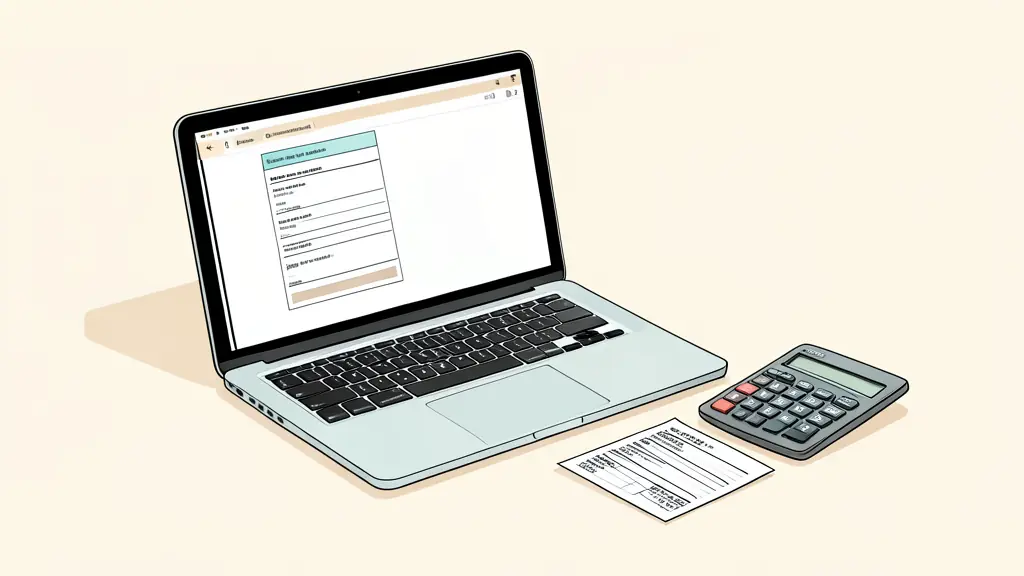 Bureau professionnel avec un ordinateur affichant un formulaire de prêt, un bulletin de salaire et une calculatrice