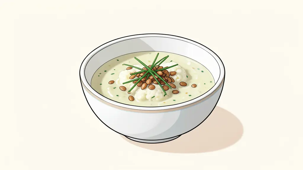 Potage au chou-fleur onctueux garni de graines de courge grillées et de ciboulette fraîche