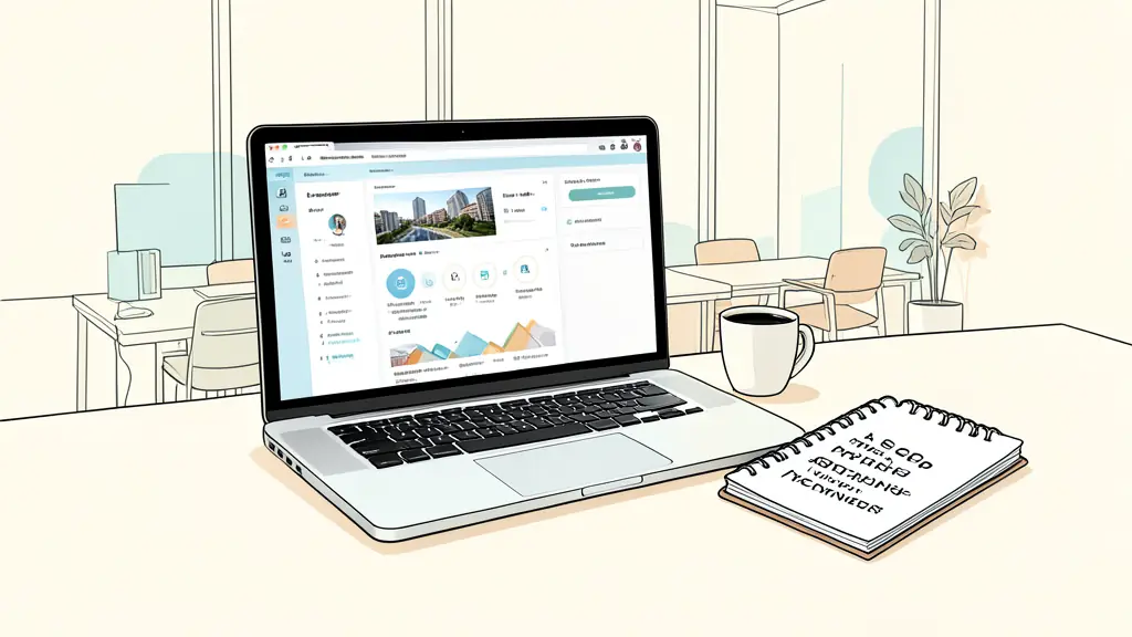 Bureau professionnel avec un ordinateur affichant un tableau de bord immobilier et un carnet de mots-clés SEO